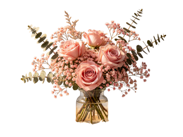 Dusty Pink Rose Bouquet with Eucalyptus & Baby's Breath in Clear Glass Vase, Minimalist Floral Decor