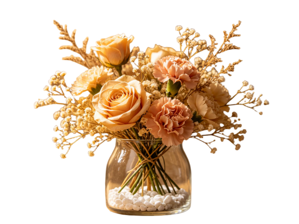 Champagne Gold Dried Rose & Carnation Arrangement in Glass Vase, Warm Neutral Floral Decor
