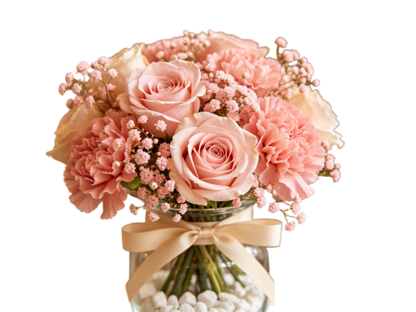Pastel Pink Rose & Carnation Bouquet with Satin Ribbon
