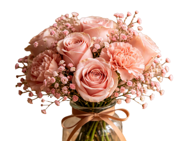 Blush Pink Rose & Carnation Bouquet with Satin Ribbon