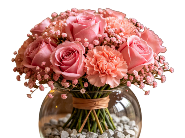 Bright Pink Rose & Carnation Bouquet in Glass Fishbowl Vase