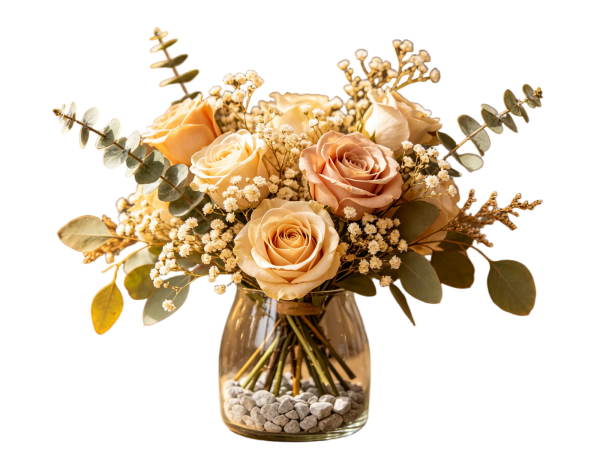 Neutral Beige & Peach Rose Bouquet with Eucalyptus