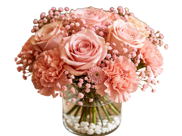 Blush Pink Rose & Carnation Arrangement with Baby's Breath in Glass Vase, Soft Pink Floral Centerpiece for Home Decor