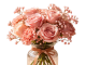 Dusty Pink Rose & Carnation Bouquet with Baby's Breath in Ribbon-Tied Striped Glass Vase, Romantic Home Decor