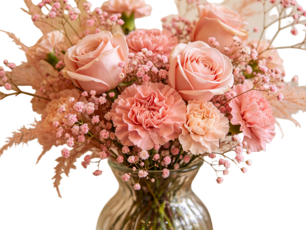 Soft Pink Rose & Carnation Centerpiece with Baby's Breath in Wide-Mouth Glass Vase, Elegant Floral Decor