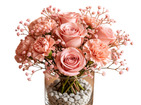 Blush Rose & Carnation Vase Arrangement with Stone Base