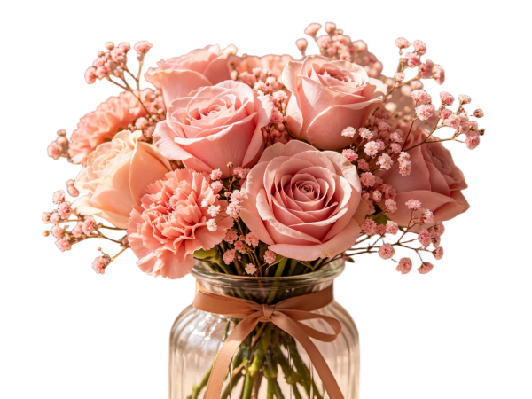 Dusty Pink Rose & Carnation Bouquet with Baby's Breath in Ribbon-Tied Striped Glass Vase, Romantic Home Decor