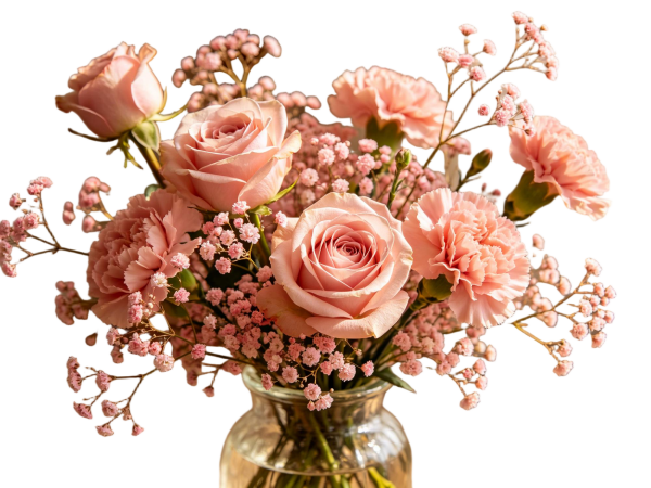 Soft Pink Rose & Carnation Floral Bouquet with Baby's Breath in Glass Vase, Romantic Tabletop Decor