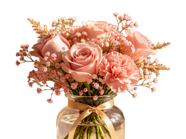 Dusty Pink Rose & Carnation Bouquet with Baby's Breath in Ribbon-Tied Glass Vase, Sweet Floral Gift